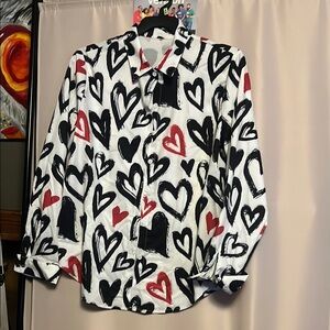 SHEIN Heart Print Button Down Shirt - Black, White, Red